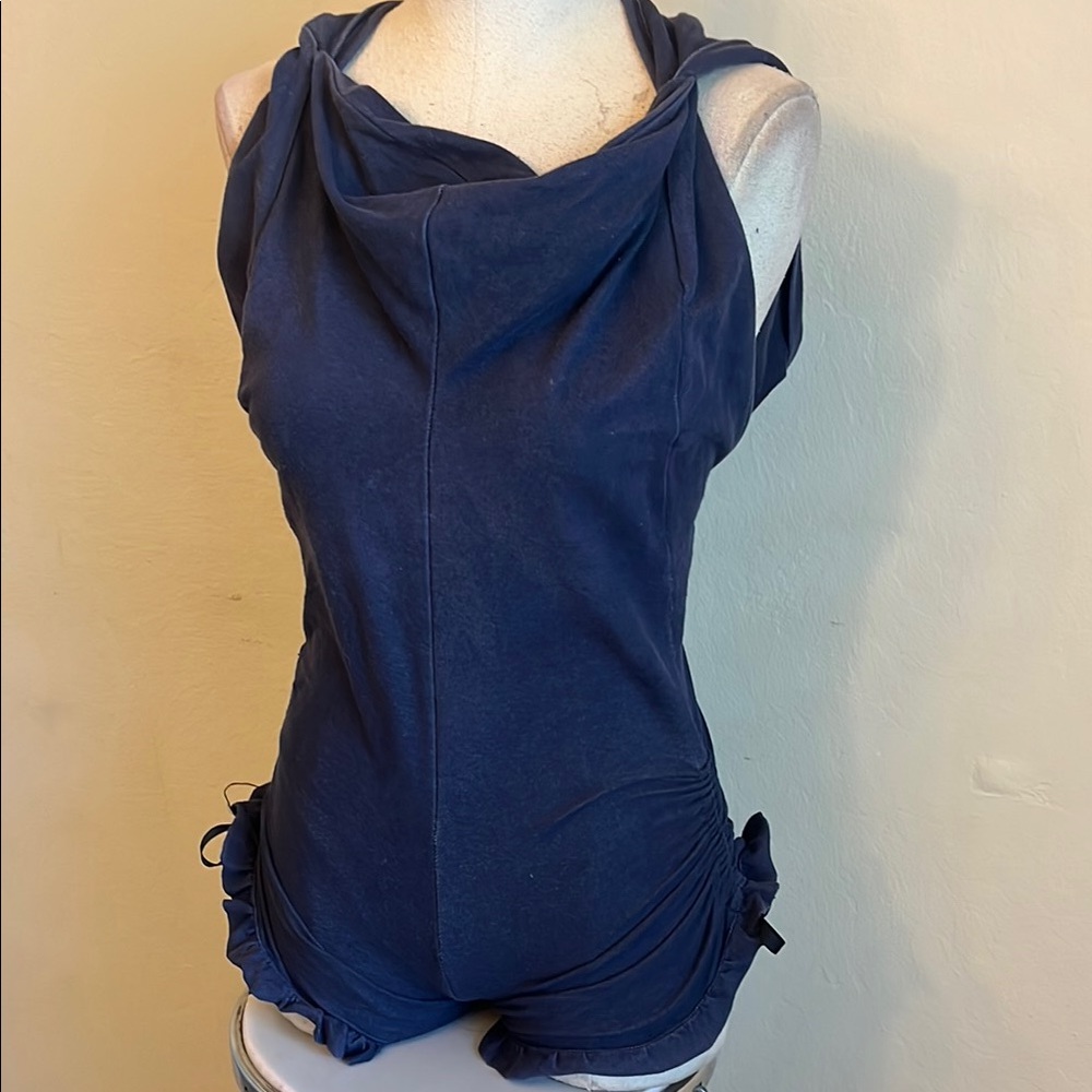 Denim looking cotton onesie with hoodie and ruffle shorts. Stretchy and fun!